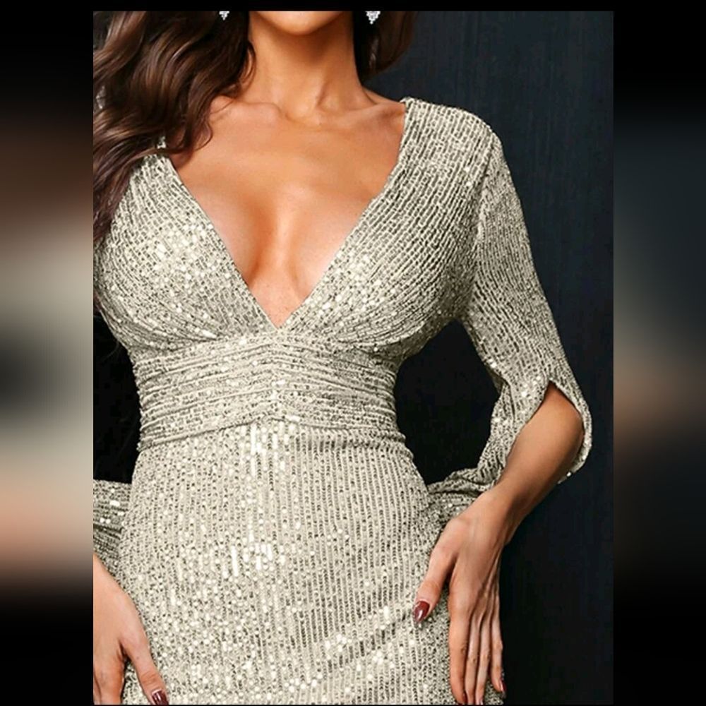 Plunging Neck V Back Sequin Gown - Picture 5 of 16